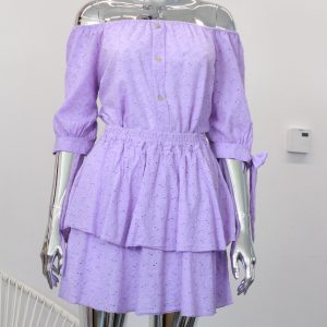 spódniczka i bluzka fioletowa z ażurowej bawełny